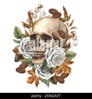 Schädel mit weißen Rosen, grünen und herbstlichen Blättern, Pilzen und Piratenmünzen. Aquarellillustration handgezeichnet im gotischen Stil. Geeignet für Halloween Stockfoto