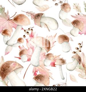 Waldpilze, Beeren und Herbst Blätter nahtloses Muster auf weißem Hintergrund. Das Muster ist handgezeichnet. Geeignet für Karten, Einladungen und Textilien. Stockfoto
