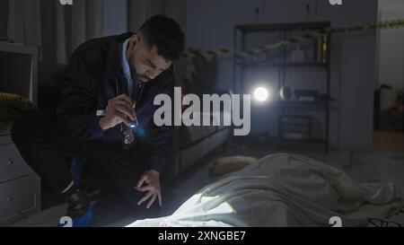 Hispanischer Detektiv, der einen Tatort in einer schwach beleuchteten Wohnung untersucht Stockfoto