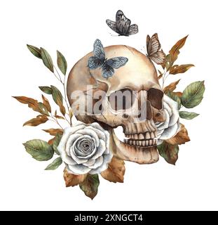 Schädel mit weißen Rosen, grünen und herbstlichen Blättern, Schmetterlingen. Aquarellillustration handgezeichnet im gotischen Stil. Passend für Halloween Design und DE Stockfoto