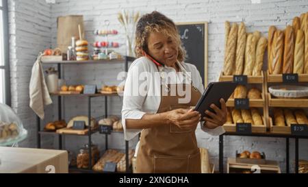 Frau, die in einer Bäckerei arbeitet, telefoniert und ein Tablet benutzt, umgeben von verschiedenen Broten und Backwaren Stockfoto