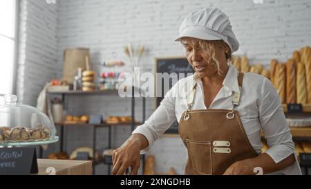 Reife hispanische Frau, die in einem gemütlichen Bäckereiraum arbeitet, umgeben von köstlichem Gebäck und Brot, das in Regalen ausgestellt wird, und sie lächelt warm, während sie ein trägt Stockfoto