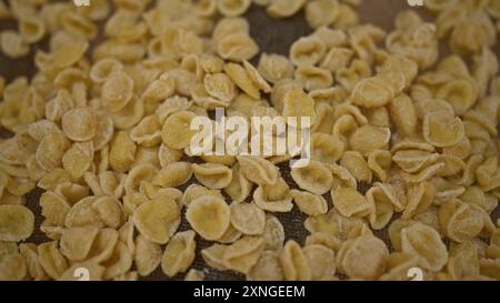 Eine Nahaufnahme der frisch zubereiteten Orecchiette-Pasta, die im Freien in bari, apulien, italien, trocknet und die traditionelle italienische kulinarische Handwerkskunst zeigt. Stockfoto