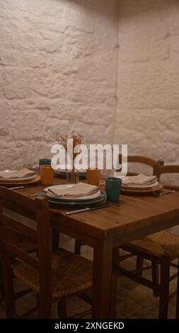 Ein gemütliches italienisches Restaurant mit Holzstühlen und Tisch für vier Personen mit Tellern, Servietten und Tassen, beleuchtet unter warmer Innenbeleuchtung mit einem Stockfoto