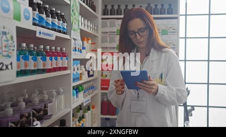 Rothaarige Apothekerin mit Tablette in einer gut sortierten modernen Apotheke Stockfoto