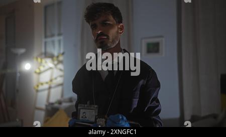 Ein junger hispanischer Detective untersucht einen schwach beleuchteten Tatort in einer Wohnung Stockfoto