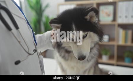 Ein hispanischer Mann in einer Tierklinik, der einen Husky-Hund im Haus untersucht. Stockfoto