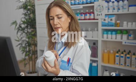 Eine reife Apothekerin untersucht eine Arzneiflasche in einer gut sortierten Apotheke. Stockfoto