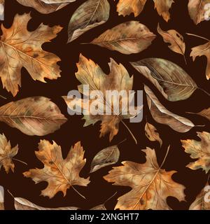 Verschiedene Arten von herbstlichen trockenen Blättern. Botanisches nahtloses Aquarellmuster im Herbst-Stil auf braunem Hintergrund. Für saisonales Design, Halloween, danke Stockfoto