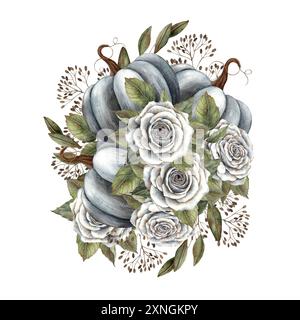 Schwarze Kürbisse, alte weiße Rosen mit grünen Blättern, trockene Zweige. Handgefertigter botanischer Blumenstrauß mit Aquarell im gotischen Stil. Geeignet für Halloween Urlaub Stockfoto