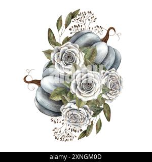 Schwarze Kürbisse, alte weiße Rosen mit grünen Blättern, trockene Zweige. Handgefertigter botanischer Blumenstrauß mit Aquarell im gotischen Stil. Geeignet für Halloween Urlaub Stockfoto
