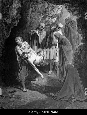 Holzgravierung des Grabes Christi (Matthäus 27: 60–61) von Gustave Dore aus der antiken Bibel des 19. Jahrhunderts Stockfoto