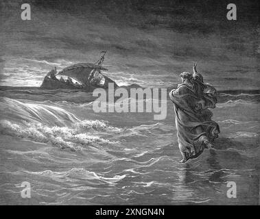 Holzgravierung von Jesus, der auf dem Wasser auf dem See von Galiläa geht (Johannes 6,19-20) von Gustave Dore aus der antiken Bibel des 19. Jahrhunderts Stockfoto