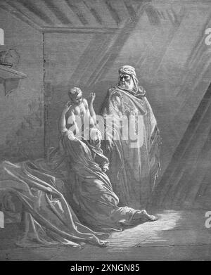 Holzgravierung von Elija Raiseth, dem Sohn der Witwe Zarephath 1 Könige 17-22-23 von Gustave Dore aus der antiken Bibel des 19. Jahrhunderts Stockfoto