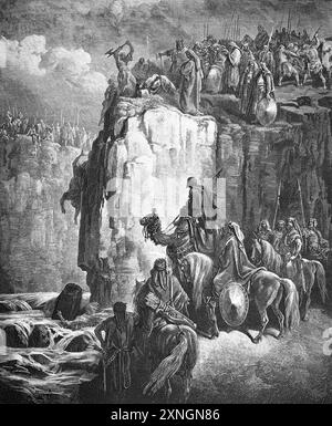 Holzgravierung des Schlachtens der Propheten von Baal im Kishon-Tal von Gustave Dore (1. Könige 18:38-40) aus der antiken Bibel des 19. Jahrhunderts Stockfoto