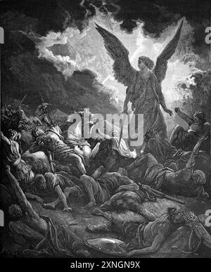 Holzgravierung der Zerstörung der Armee von Sanherib (2 Könige 19:35) - Gott schickt den Engel des Todes, um König Sanherib Assyrische Armee zu zerstören Stockfoto