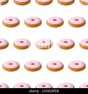 Donut mit rosafarbener Glasur. Rundes süßes Buttergebäck mit pinkem Pamada-Gebäck. Köstliches nationales amerikanisches Dessert. Nahtloses Muster. Weiß Stock Vektor