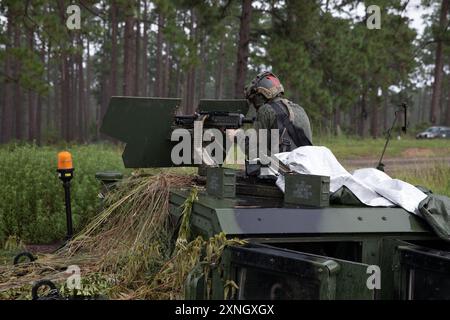 Ein US-Army-Soldat des 1. Bataillons, 509. Regiment „Geronimo“ Einheit für Task Force Guardian, schießt während des Angriffs des 41. Infanterie-Brigade-Kampfteams auf ein Ziel im Joint Readiness Training Center (JRTC) Fort Johnson, La, am 23. Juli 2024 mit dem M240B Machine Gun. Geronimo ist verantwortlich für Trainingseinheiten, die zum JRTC kommen; Task Force Guardian besteht aus Personal des 2. Bataillons, des 162. Infanterie, des 1. Bataillons, des 186. Infanterie und des 141. Brigade Support Battalions. Das JRTC-Ziel ist die Schaffung realistischer Umgebungen, die die Einheiten für komplexe Vorgänge vorbereiten. (Erz Stockfoto