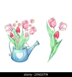 Romantische Illustration mit Wasserkanne und Blumen. Wunderschöne Tulpen. Frühjahrs-Clipart. Schönes Kunstwerk für den Muttertag. Zum Drucken Stockfoto