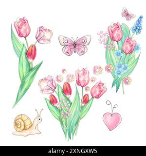 Aquarellset künstlerische Illustration Frühlingskerzen Blumen Eimer. Schöne Tulpen für den Muttertag. Romantische Frische-Kunstwerke. Für Einladung Stockfoto