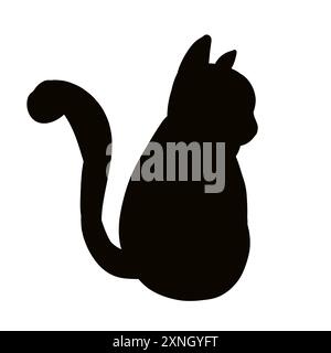 Schwarze Silhouette einer sitzenden Katze mit einer flauschigen Schwanz-Illustration Stockfoto