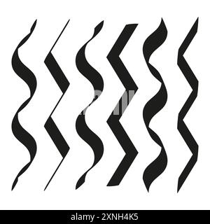 Wellenlinien und Zickzacklinien. Schwarze abstrakte Formen. Dynamische Muster. Vektorgrafik. Stock Vektor
