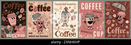 Vektor-Satz von Vintage groovy Cartoon fröhliche Kaffeetasse Poster Stock Vektor