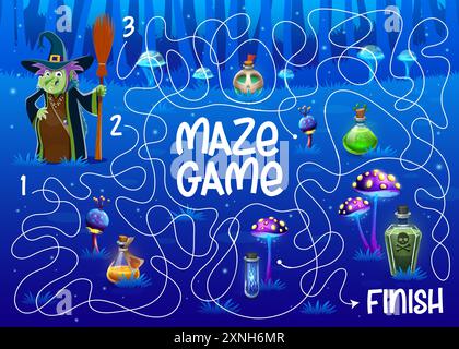 Halloween Labyrinth Labyrinth, helfen Sie Hexe finden eine Zaubertränkflasche auf Märchenwald Wiese Kinder Spiel Vektor Arbeitsblatt. Quiz zum Pathfinding-Rätsel von c Stock Vektor