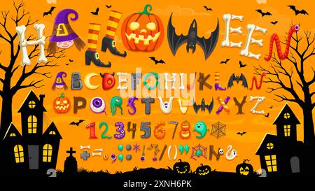 Cartoon Halloween Schriftart von gruseliger Schrift und Hexenschrift Alphabet, Vektorbuchstaben. Halloween-Weihnachtsschrift mit gruseligen Figuren in Kürbisbuchstaben Stock Vektor