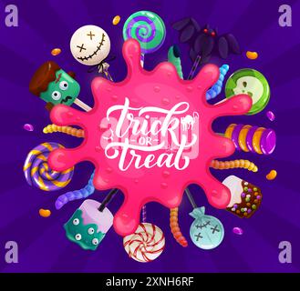 Halloween-pinker Schleimfleck mit Weihnachtsbonbons und Süßigkeiten. „Trick or Treat“-Banner. Cartoon-Vektor köstliche Verbreitung von festlichen Desserts und gruseligen appe Stock Vektor