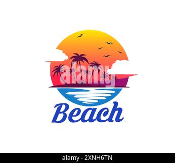 Tropischer Sonnenaufgang im Sommer, Palmen und Insel-Strand-Symbol. Isoliertes Vektorlabel mit lebendigem Paradies Sonnenuntergang und türkisfarbenen Ozeanwellen, Sommer V Stock Vektor