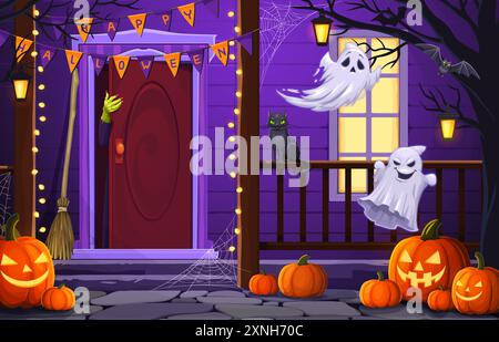 Halloween-Tür-Veranda mit gruseligen Kürbissen, auftauchenden Monsterhand, gruseligen fliegenden Geistern und schwarzer Katze, Hexenbesen und Girlande. Vektor-Spuk-Unheimliches Stock Vektor