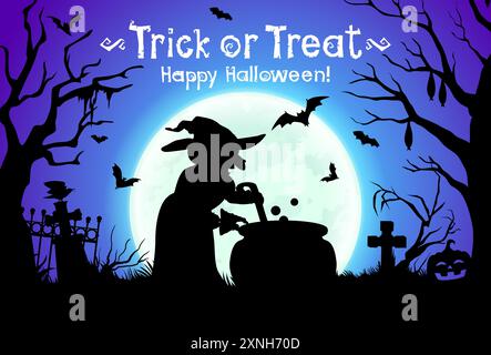 Hexensilhouette in der Nähe des Kessels im dunklen Wald mit alten Friedhofsgräbern, Bäumen und fliegenden Fledermäusen bei Mondschein. Halloween-Feiertags-Vektor-Banner mit Spott Stock Vektor