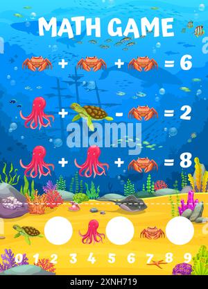 Mathe-Spiel für Kinder, Unterwasserlandschaft und Meerestiere. Vektormathematik-Rätsel-Arbeitsblatt für Kinder Bildung und Erlernen von Arithmetik. Entwicklung Stock Vektor