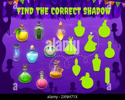 Finde den richtigen Schatten von Zaubertränkflaschen. Ähnlichkeitssuche Kinder Quiz, Silhouette finden Kind-Vektor-Puzzle oder Schatten Match Kinder Spiel. Simil Stock Vektor