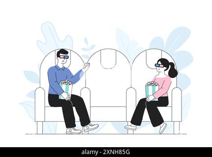 Menschen im Kino. Mann und Frau in 3D-Brille sitzen mit Popcorn. Film oder Serie. Paare schauen sich Filme an. Unterhaltung, Spaß und Freizeit. Linear Stock Vektor