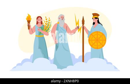 Griechisches Götterkonzept. Zeus mit Blitz und Speer in Wolken in der Nähe von Frauen. Antike griechische Mythologie und Legenden. Olympisches pantheon. Flacher Vektor Stock Vektor