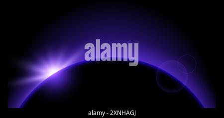 Purple Planet Eclipse Konzept. Sonnenlicht-Blendungseffekt. Strahlender Sonnenaufgangshorizont im dunklen Raum. Erdhalo mit glänzender Kante. Vektor-Illustrationsdesign für Poster, Banner, Cover, Broschüre, Broschüre Stock Vektor