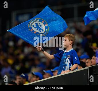 Atlanta, Georgia, USA. 31. Juli 2024. Ein junger Chelsea-Fan während eines Fußballspiels zwischen Chelsea FC und Club America am 31. Juli 2024 in Atlanta. Chelsea gewann mit 3:0. (Kreditbild: © Scott Coleman/ZUMA Press Wire) NUR REDAKTIONELLE VERWENDUNG! Nicht für kommerzielle ZWECKE! Stockfoto