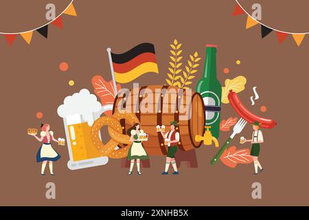 Fröhliches Oktoberfest fest mit winzigen Leuten. Bier, Wurst, Lebkuchen und deutsche Flagge. Handgezeichnete Vorlagen Für Flat Cartoon. Vektorabbildung Stock Vektor