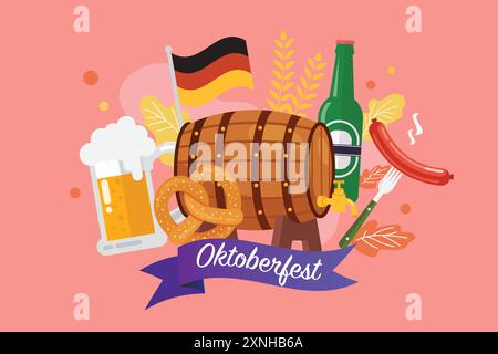 Oktoberfest-Banner mit Bierfass-Wurst und Brezel. Zeichentrickgrafik Flat Vector Illustration Stock Vektor