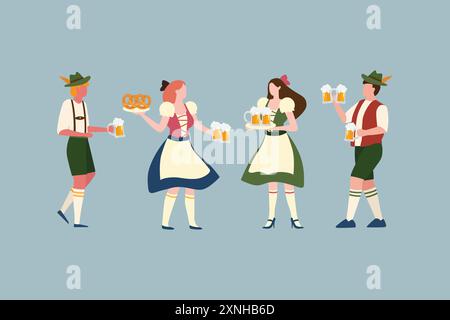 Eine Gruppe von Leuten trinkt Bier oktoberfest-Party. Mann und Frau in traditioneller Kleidung. Flache Zeichentrickabbildung. Stock Vektor