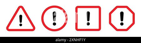 Gefahrensymbol in roter und schwarzer Farbe mit Ausrufezeichen in verschiedenen Formen, Konturstil. Warnsymbole mit Ausrufezeichen. Stock Vektor