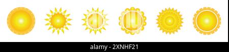 Sonnenvektorsatz von sechs in gelber Farbe im Verlaufsstil auf weißem Hintergrund. Simple Icons Kollektion von Sun. Gelbes Sonnensymbol eingestellt. Stock Vektor