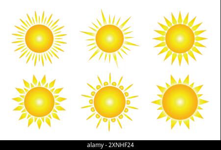 Sonnenvektorsatz von sechs in gelber Farbe im Verlaufsstil auf weißem Hintergrund. Simple Icons Kollektion von Sun. Gelbes Sonnensymbol eingestellt. Stock Vektor