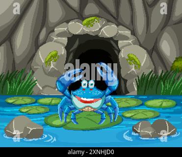 Blaue Krabbe auf Lilienpad in der Nähe der Höhle Stock Vektor
