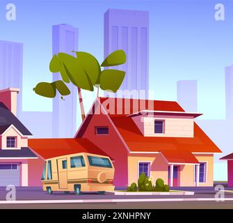 Vorstadtstraße vor dem Hintergrund der Stadt. Vektor-Zeichentrickillustration von Van parkte in der Nähe von Haus Garage, grüner Baum und Blumen auf Busch, moderne Wolkenkratzer Silhouetten, Vorort Nachbarschaft Stock Vektor