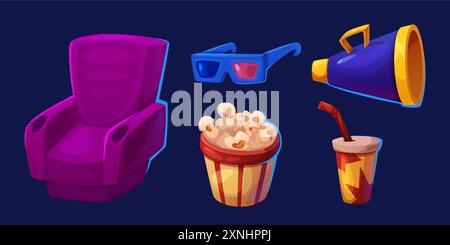 Kino-Inneneinrichtung isoliert auf Hintergrund. Vektor-Karikaturillustration des Sesselsitzes, Retro-3D-Gläser, Megaphon, Eimer mit salzigem Popcorn, Papierbecher mit Stroh, Filmsymbole Sammlung Stock Vektor