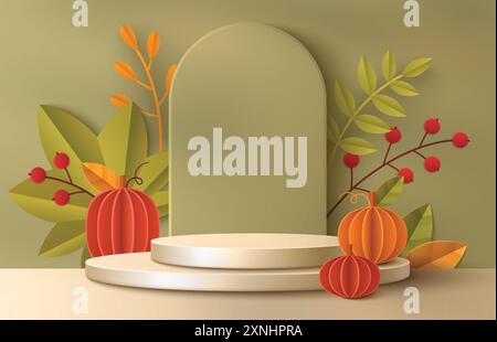 Rundes Podium mit Kürbissen und Blättern auf grünem Bogenhintergrund. Vektor realistische Illustration der leeren Zylinderplattform mit Papercut Zweigen, Herbsternte, Thanksgiving Feiertagskarte verziert Stock Vektor