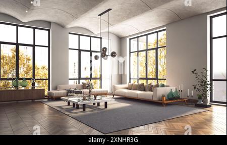 Das Bild zeigt ein modernes Wohnzimmer mit minimalistischer Einrichtung, geräumigem Layout, großen Fenstern und viel Tageslicht. 3D-Rendering Stockfoto